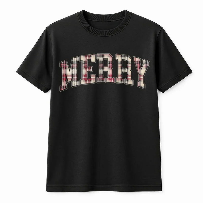 Plaid Collegiate Graphic Shirt, Merry Christmas T-Shirt, Retro Holiday Graphic Tee, Festive Xmas Typography T-Shirt, Winter Graphic Tee