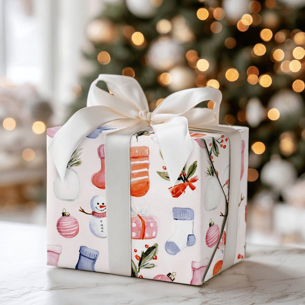Christmas Icons Wrapping Paper, Watercolor Snowman Stocking Wrapping Paper, Festive Holiday Wrapping Paper Roll, Winter Prese