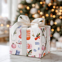 Christmas Icons Wrapping Paper, Watercolor Snowman Stocking Wrapping Paper, Festive Holiday Wrapping Paper Roll, Winter Present Gift Wrap