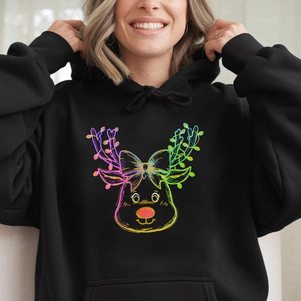 Neon Coquette Bow Sweatshirt, Adorable Reindeer Christmas Hoodie, Preppy Winter Reindeer Pullover, Festive Holiday Graphic Ho