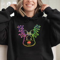 Neon Coquette Bow Sweatshirt, Adorable Reindeer Christmas Hoodie, Preppy Winter Reindeer Pullover, Festive Holiday Graphic Hooded Sweater Present