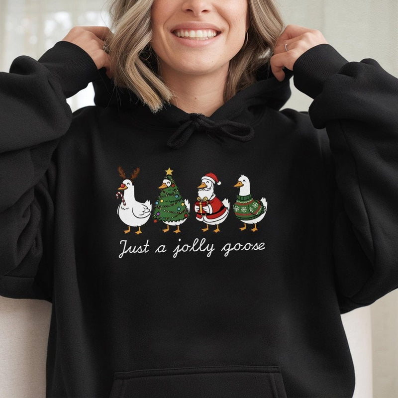 Adorable Christmas Goose Hoodie, Just A Jolly Goose Hoodie, Holiday Duck Hooded Sweatshirt, Humorous Xmas Goose Pullover Hoodie, Animal Lover Present