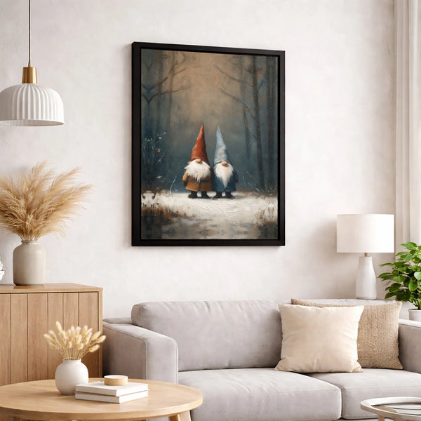 Oil Painting Style Holiday Canvas Print, Winter Gnome Snowy Forest Canvas Wall Art, Comfy Farmhouse Christmas Canvas Decor, F