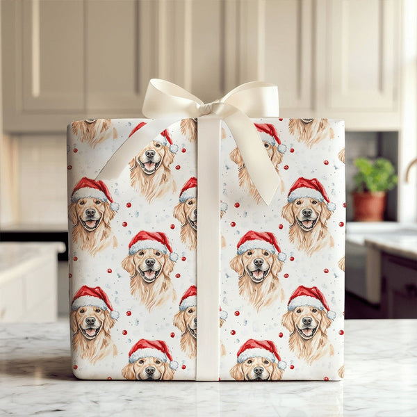 Watercolor Dog Holiday Gift Wrap, Golden Retriever Christmas Wrapping Paper, Xmas Puppy Present Wrap, Pet Lover Winter Decor