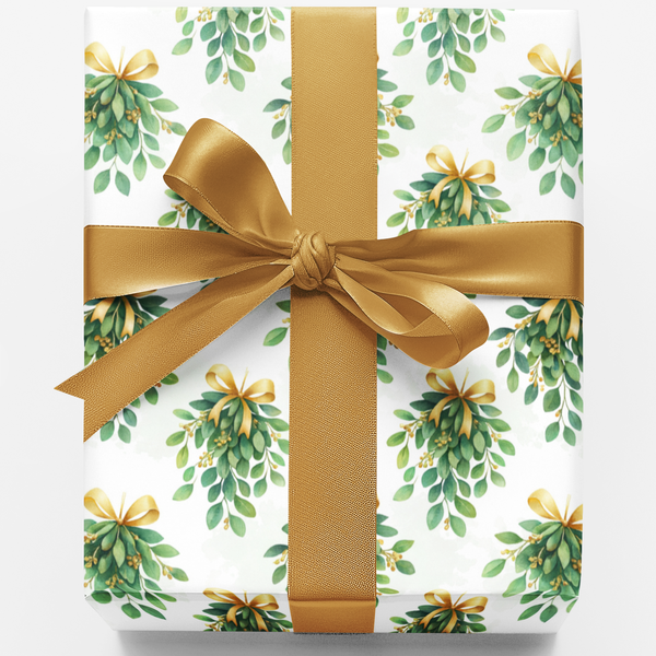 Botanical Gold Bow Gift Wrap Paper, Mistletoe Christmas Wrapping Paper, Elegant Holiday Wrapping Paper Roll, Xmas Present Gif