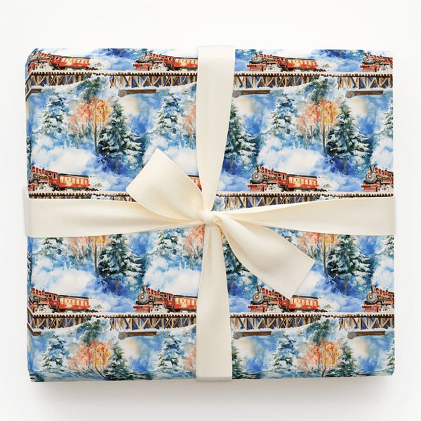 Red Locomotive Gift Wrap, Watercolor Christmas Train Wrapping Paper, Snowy Bridge Winter Paper Roll, Holiday Gift Wrap, Train