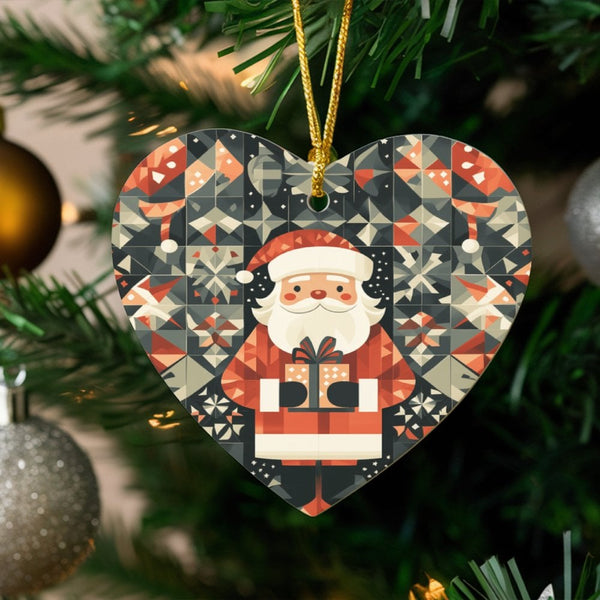 Patchwork Snowflake Christmas Ornament, Geometric Santa Heart Ornament, Ceramic Winter Holiday Tree Decor, Seasonal Family Ke