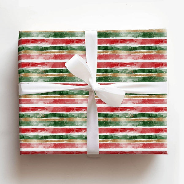 Red Green Gold Gift Wrap, Watercolor Stripe Wrapping Paper, Artistic Brushstroke Wrapping Paper, Festive Christmas Holiday Wr