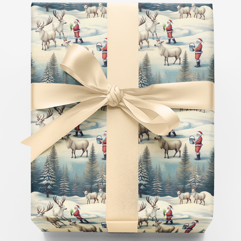 Christmas Reindeer Gift Wrap Roll, Vintage Santa Wrapping Paper, Holiday Winter Scene Present Paper, Retro Xmas Gift Wrap, Festive Paper