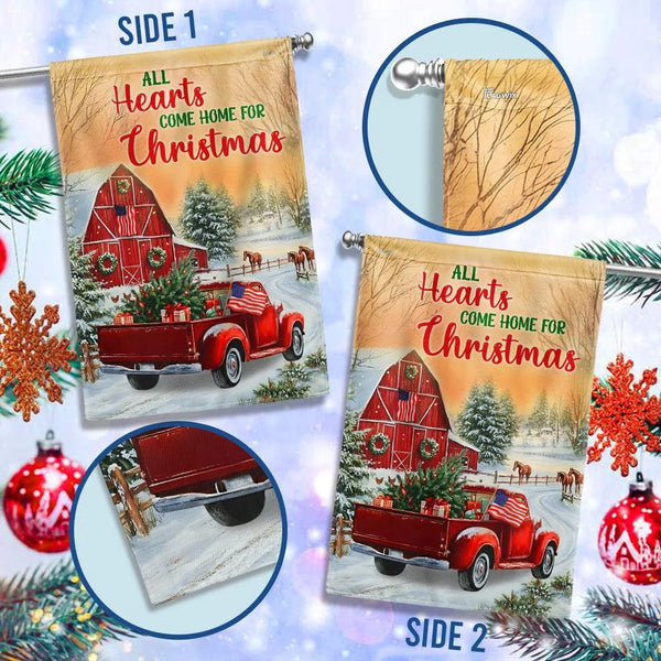 Red Truck Barn Holiday Flag, Farmhouse Christmas Garden Flag, All Hearts Come Home Winter Flag, Rustic Americana Yard Flag De