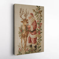 Christmas Holly Wreath Canvas Print, Vintage Santa with Reindeer Canvas Wall Art, Retro Holiday Wall Decor, Winter Xmas Wall Hanging