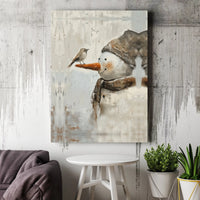 Rustic Winter Snowman Wall Art, Snowman and Bird Canvas Print, Holiday Snowman Oil Painting Canvas, Farmhouse Christmas Decor