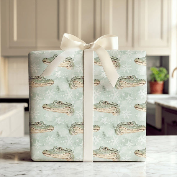 Watercolor Reptile Christmas Gift Wrap, Alligator Holiday Wrapping Paper, Winter Snowflake Present Wrapping Paper, Animal Gif