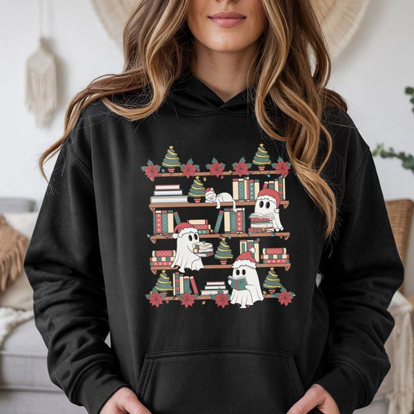 Adorable Spooky Bookish Holiday Hooded Sweatshirt, Christmas Ghost Bookshelf Hoodie, Reading Ghost Library Pullover, Book Lov