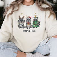 Humorous Trash Panda Christmas Sweater, Festive and Feral Raccoon Sweatshirt, Holiday Raccoon Crewneck Pullover, Animal Lover Xmas Sweatshirt