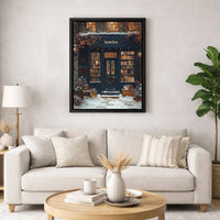 Snowy Winter Shop Holiday Art Print, Christmas Bookstore Canvas Wall Art, Comfy Book Lover Christmas Canvas Poster, Digital Download