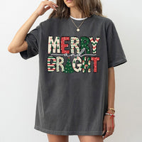 Festive Pattern Lettering Holiday Shirt, Merry and Bright Christmas T-Shirt, Retro Xmas Graphic Tee, Holiday Season Family Present