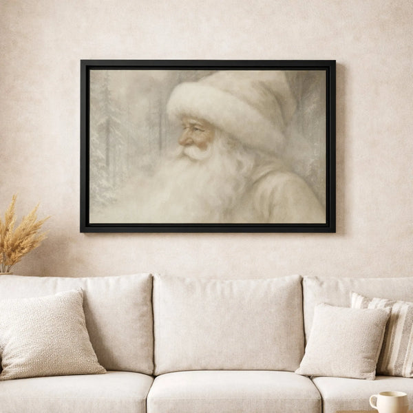 Snowy Forest Christmas Canvas Print, Vintage Santa Claus Wall Art, Neutral Holiday Wall Art, Winter Canvas Decor, Digital Dow