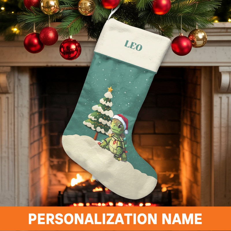 Personalized Sea Turtle Holiday Stocking, Adorable Sea Turtle Christmas Stocking, Turtle with Santa Hat Christmas Stocking, Ocean Animal Decor