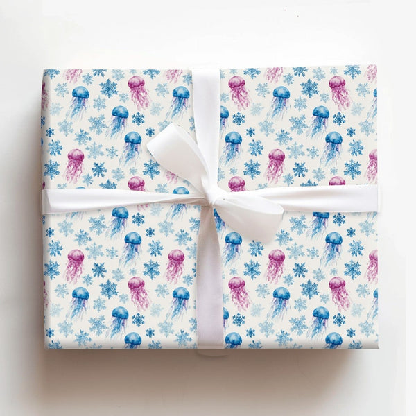 Winter Ocean Christmas Wrapping Paper, Watercolor Jellyfish Snowflake Wrapping Paper, Coastal Holiday Wrapping Paper, Whimsic