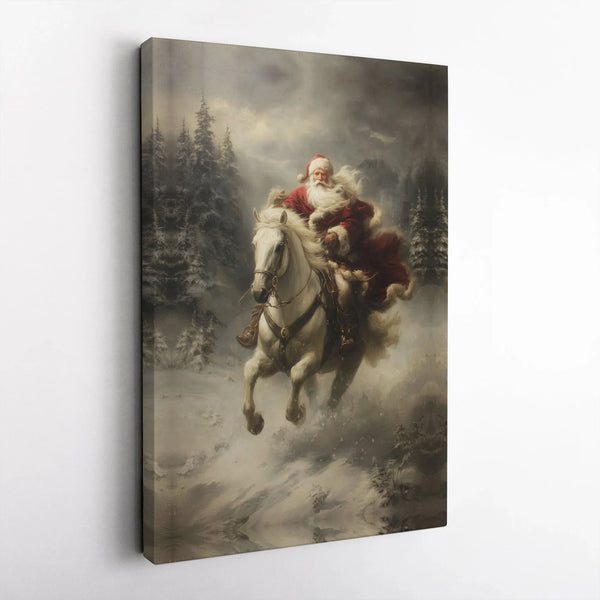 Snowy Winter Forest Canvas Print, Santa Claus with White Horse Canvas Art, Majestic Christmas Canvas Wall Art