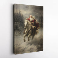 Snowy Winter Forest Canvas Print, Santa Claus with White Horse Canvas Art, Majestic Christmas Canvas Wall Art