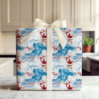 Watercolor Coastal Holiday Gift Wrap, Surfing Santa Christmas Wrapping Paper, Sunglasses Beach Santa Wrapping Paper, Ocean Lover Gift Wrap
