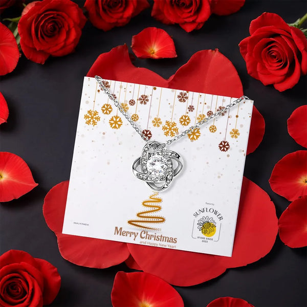 Sparkling CZ Crystal Love Knot Necklace, Romantic Love Knot Necklace, Gold Finish Pendant Necklace, Christmas Anniversary Pre