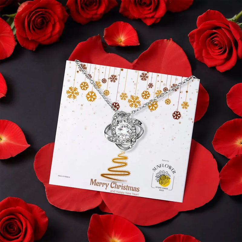 Sparkling CZ Crystal Love Knot Necklace, Romantic Love Knot Necklace, Gold Finish Pendant Necklace, Christmas Anniversary Present for Her
