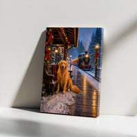 Snowy Train Station Poster, Golden Retriever Christmas Canvas Art, Vintage Steam Engine Print, Winter Dog Wall Art Digital Download