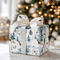 Snowy Cabin Holiday Gift Wrap, Watercolor Deer Winter Wrapping Paper, Rustic Forest Wrapping Paper, Mountain Christmas Tree Wrapping Paper