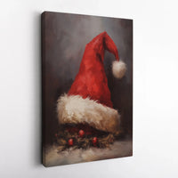 Impressionist Oil Painting Canvas, Santa Hat Canvas Wall Art, Vintage Christmas Canvas Print, Holiday Wall Art Decor, Winter Xmas Canvas