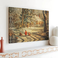 Children Sledding Cottage Art, Vintage Winter Scene Canvas Print, Nostalgic Snowy Landscape Wall Decor, Christmas Holiday Home Present