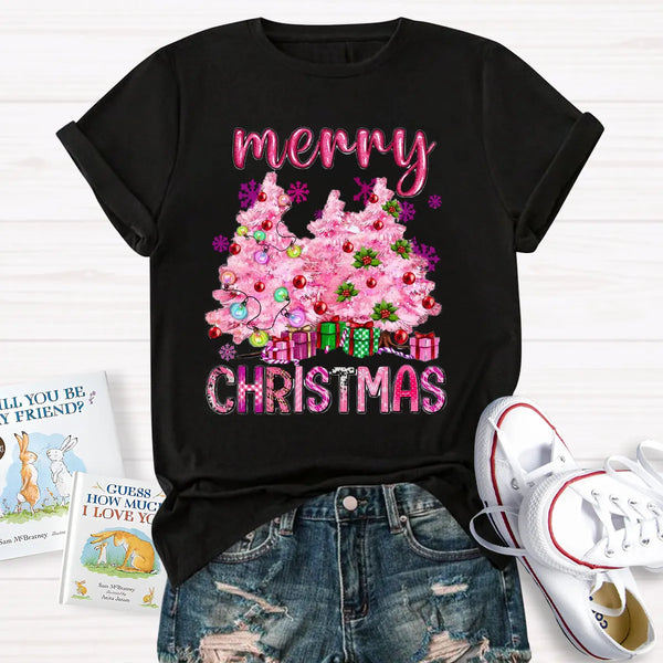 Festive Holiday Graphic T-Shirt, Pink Tree Christmas Teacher Shirt, Adorable Teacher Christmas Tee, Winter School Vacation Te