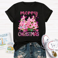 Festive Holiday Graphic T-Shirt, Pink Tree Christmas Teacher Shirt, Adorable Teacher Christmas Tee, Winter School Vacation Teacher Present