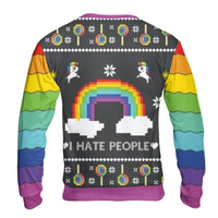Humorous 8-Bit Rainbow Unicorn Sweater, I Hate People Ugly Christmas Sweatshirt, Introvert Holiday Crewneck, Sarcastic Xmas Graphic Pullover