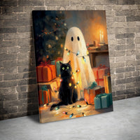 Whimsical Christmas Lights Printable Wall Art, Ghost and Black Cat Digital Download, Spooky Holiday Canvas Print, Comfy Winter Decor Poster