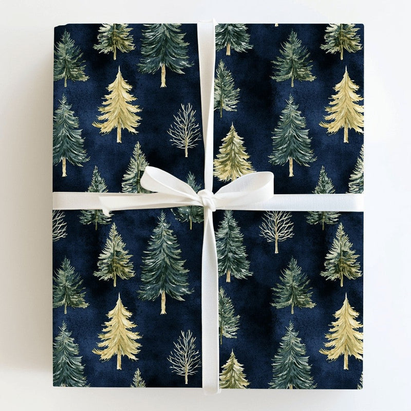 Navy Blue Forest Christmas Gift Wrap, Watercolor Pine Tree Wrapping Paper, Rustic Winter Holiday Wrapping Paper, Nature Tree Gift Wrap
