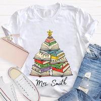 Personalized Holiday Shirt, Custom Christmas Trees and Books T-Shirt, Comfy Book Lover Xmas Graphic Tee, Custom Name Christmas Present Tee