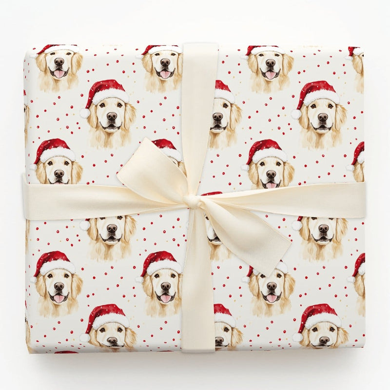 Dog Holiday Gift Wrap, Golden Retriever Christmas Wrapping Paper, Watercolor Santa Dog Wrapping Paper, Adorable Puppy Christmas Gift Wrap