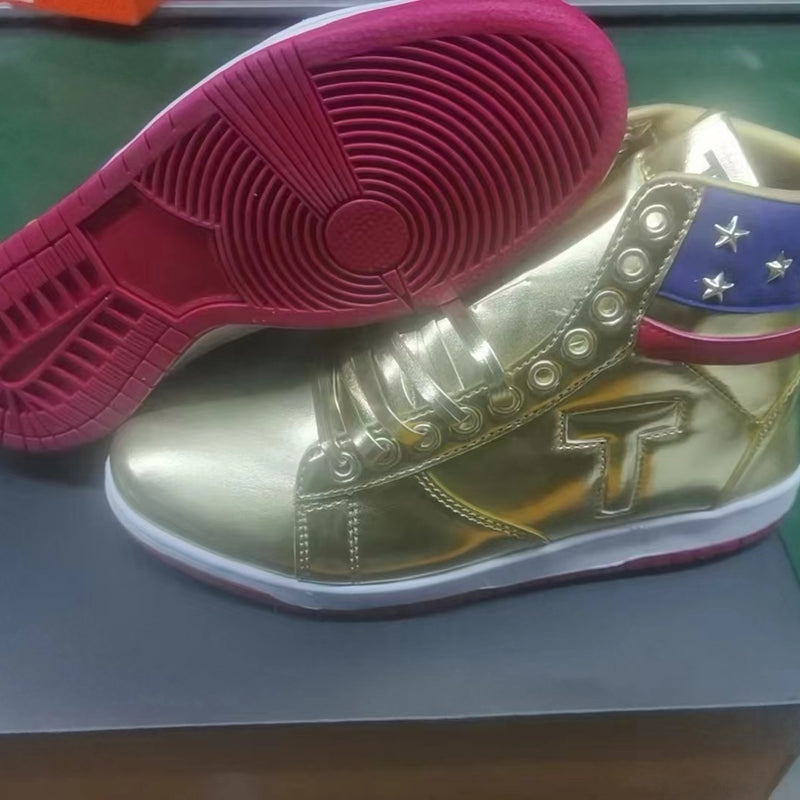 High Top Sneakers, Gold White Colorway, Lace Up Design, Casual Gift for Sneaker Fans