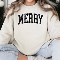 Retro Varsity Font Holiday Crewneck, Merry Christmas Sweatshirt, Festive Comfy Winter Pullover Sweatshirt, Christmas Season Present