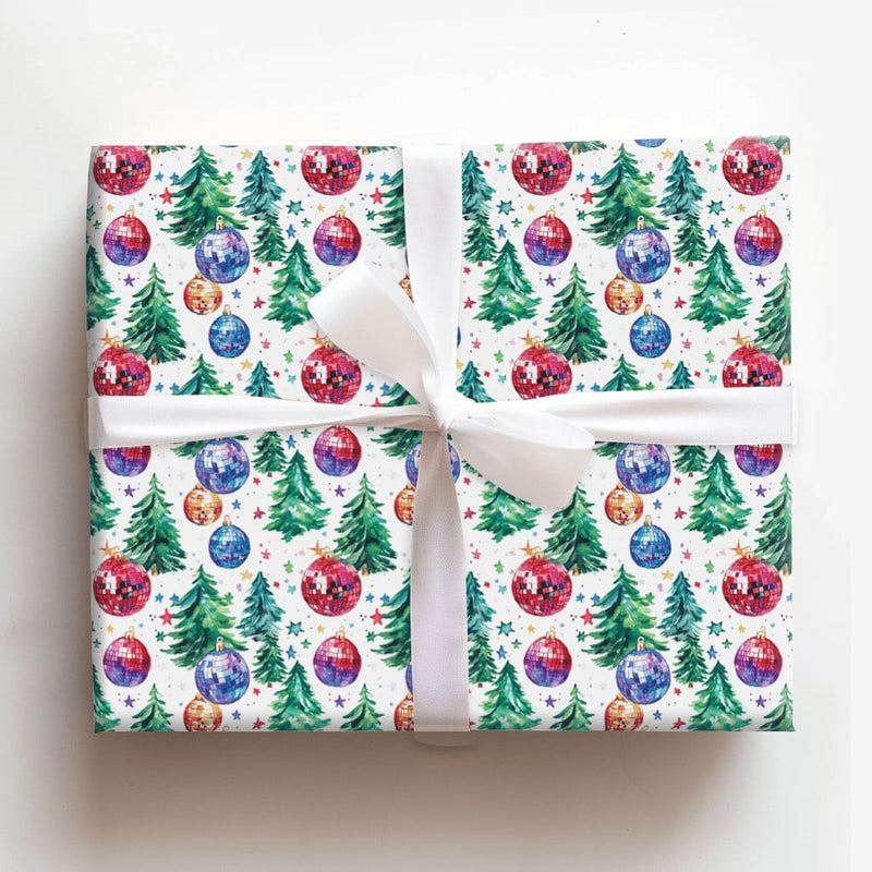 Groovy Holiday Gift Wrap Roll, Disco Ball Christmas Tree Wrapping Paper, Watercolor Pine Tree Present Paper, Fun Retro Winter Gift Wrapping