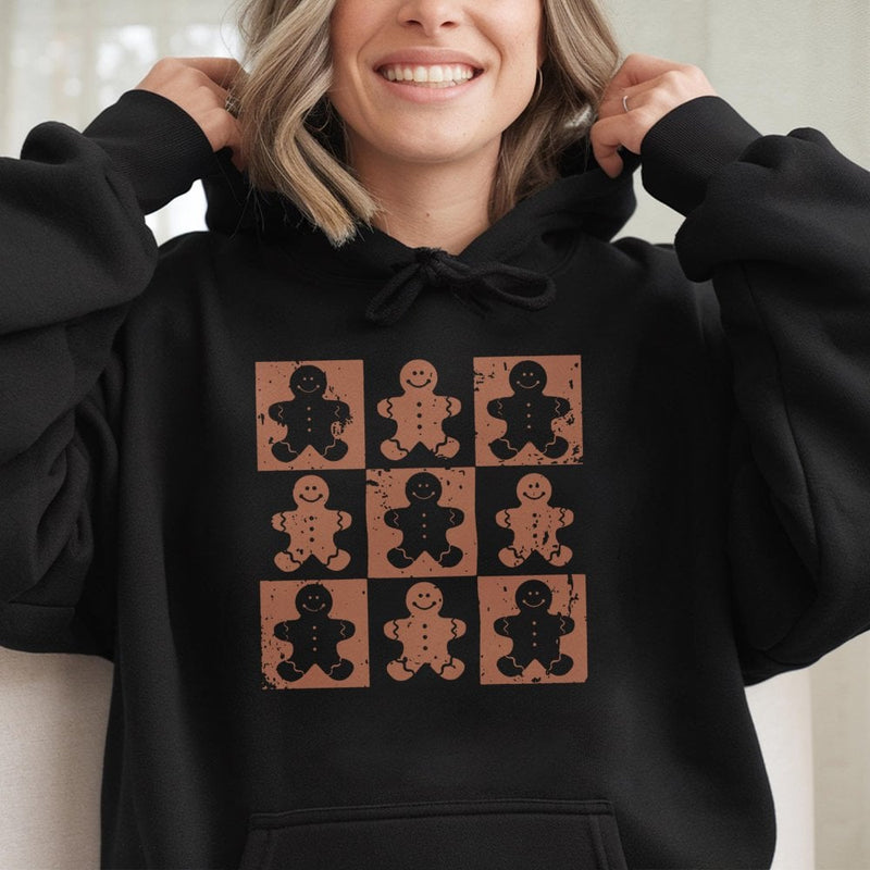 Retro Checkered Christmas Sweatshirt, Gingerbread Man Hoodie, Adorable Holiday Cookie Graphic Hooded Pullover, Festive Xmas Present
