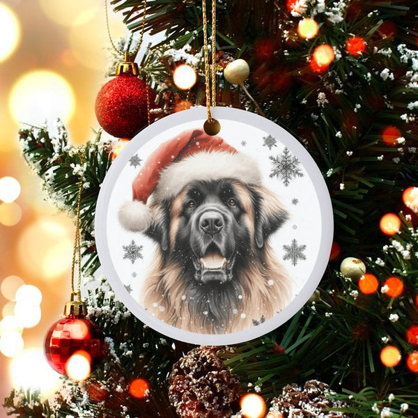 Santa Hat Puppy Holiday Ornament, Leonberger Dog Christmas Ornament, White Ceramic Tree Ornament, Dog Lover Keepsake, Festive