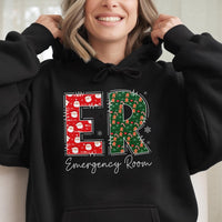 Emergency Room Holiday Graphic Hoodie, ER Nurse Christmas Hoodie, Festive Medical RN Hooded Sweatshirt, Doctor Christmas Present Hoodie