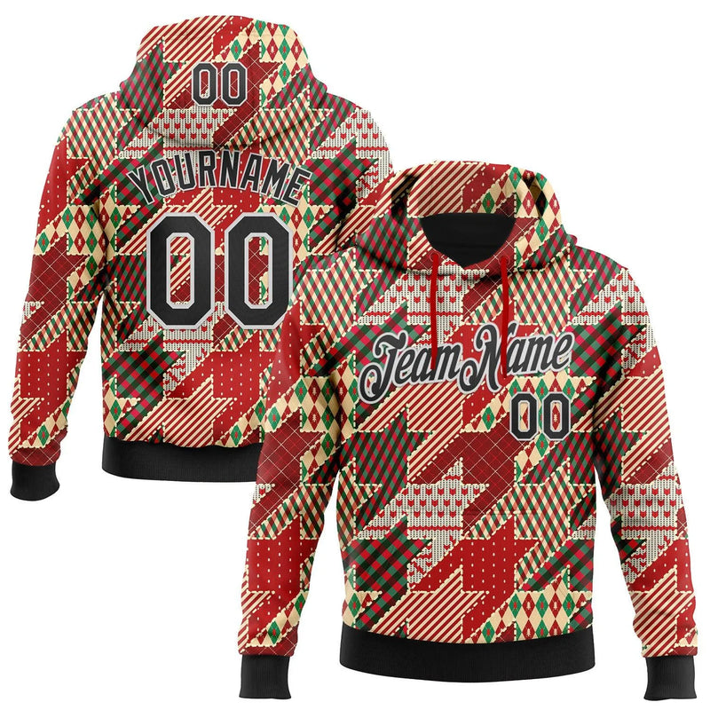 Personalized Name Number Holiday Hoodie, Custom Christmas Houndstooth Hoodie, Plaid Pattern Pullover Hoodie, Sports Fan Sweatshirt Present