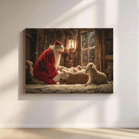 Santa Kneeling Before Baby Jesus Print, Nativity Canvas Wall Art, Religious Christmas Decor, Christian Holiday Present for Home Living Room