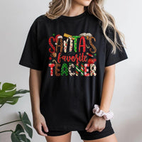 Leopard Print Holiday Tee, Santa's Favorite Teacher Christmas T-Shirt, Elementary Educator Graphic Shirt, Festive Teacher Xmas Party Tee