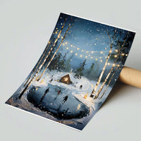 Comfy Cabin Snowy Forest Print, Winter Ice Skating Wall Art, Vintage Winter Landscape Poster, Rustic Holiday Christmas Home Decor